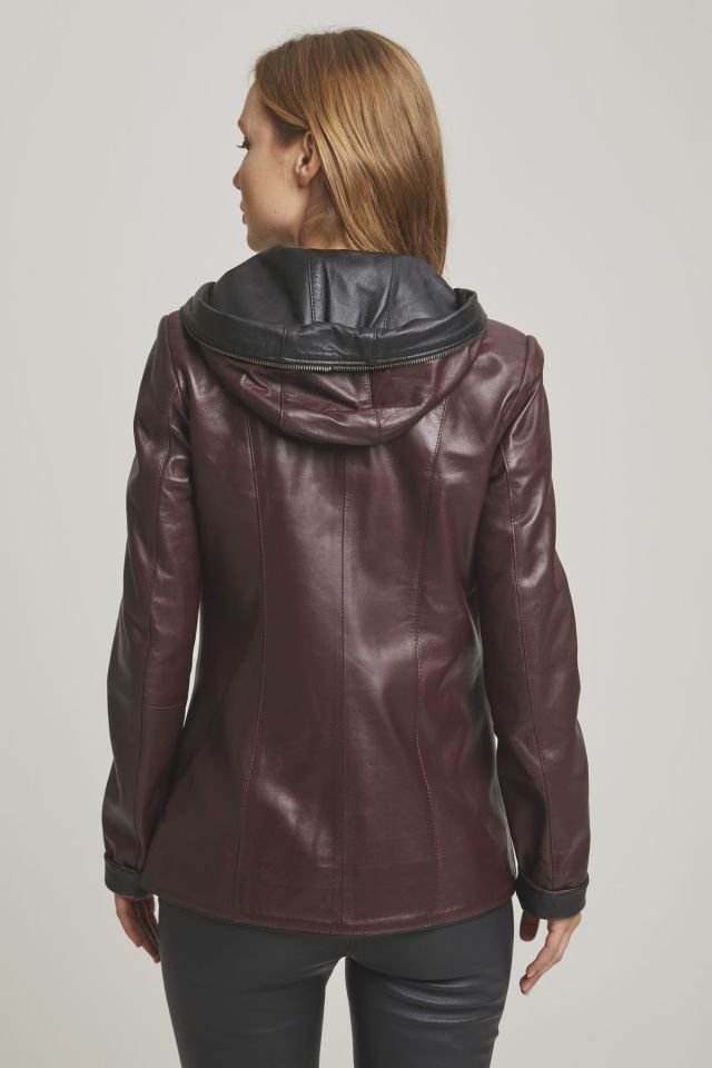 Claret Bordeuax Hooded Renate Woman Genuine Leather Jacket