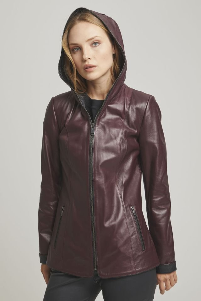 Claret Bordeuax Hooded Renate Woman Genuine Leather Jacket