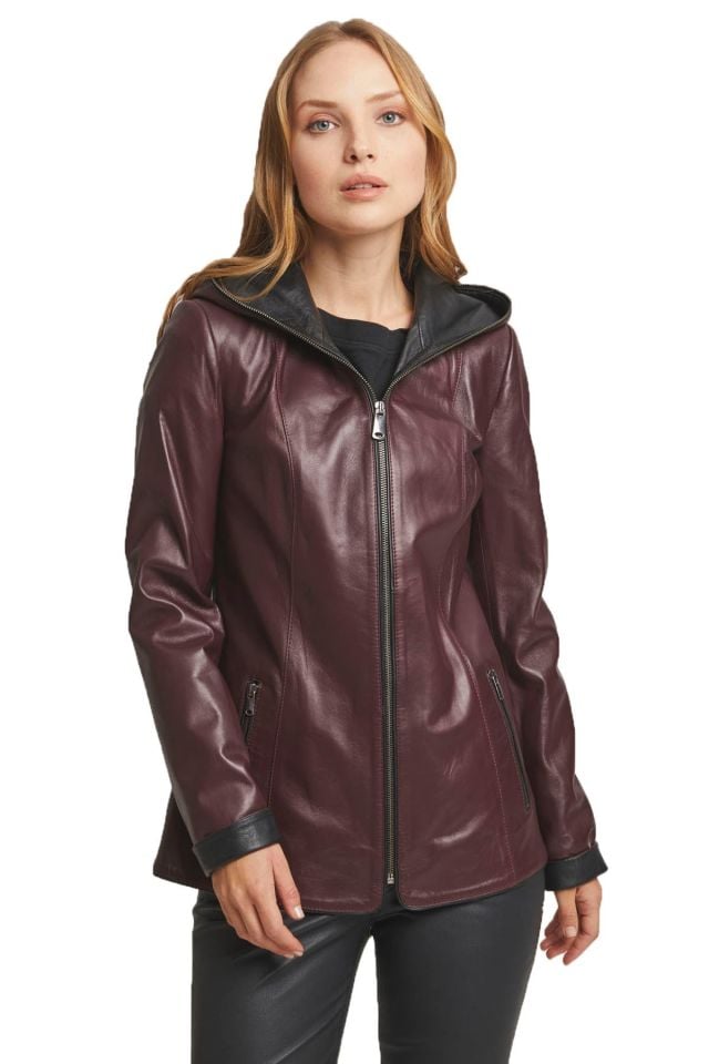 Claret Bordeuax Hooded Renate Woman Genuine Leather Jacket