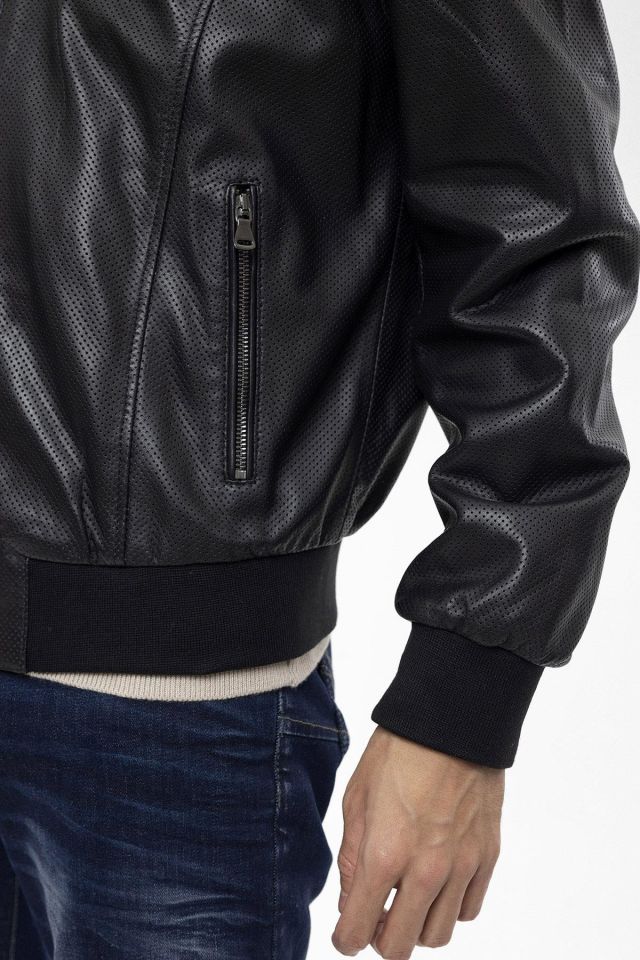 Black Matte Perforated Genuine Leather Man Bomber Jacket