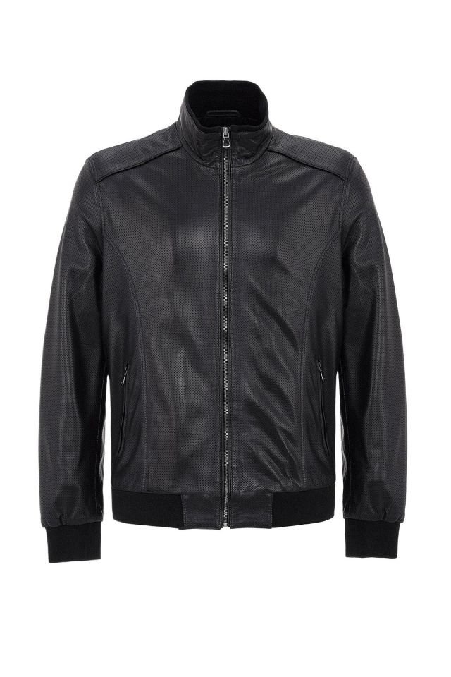 Black Matte Perforated Genuine Leather Man Bomber Jacket