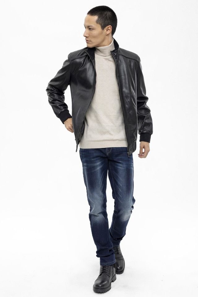 Black Matte Perforated Genuine Leather Man Bomber Jacket