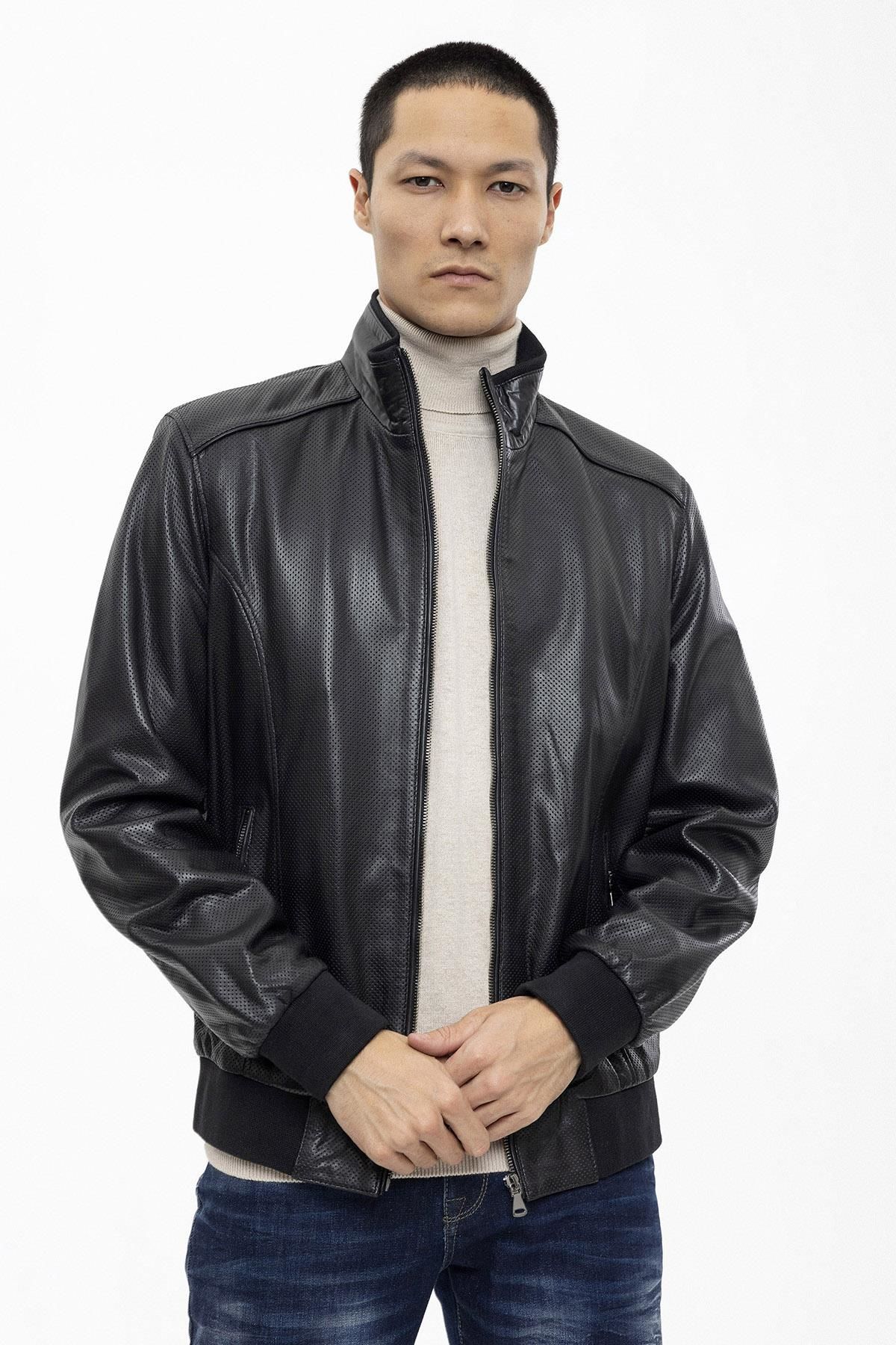 Black Matte Perforated Genuine Leather Man Bomber Jacket