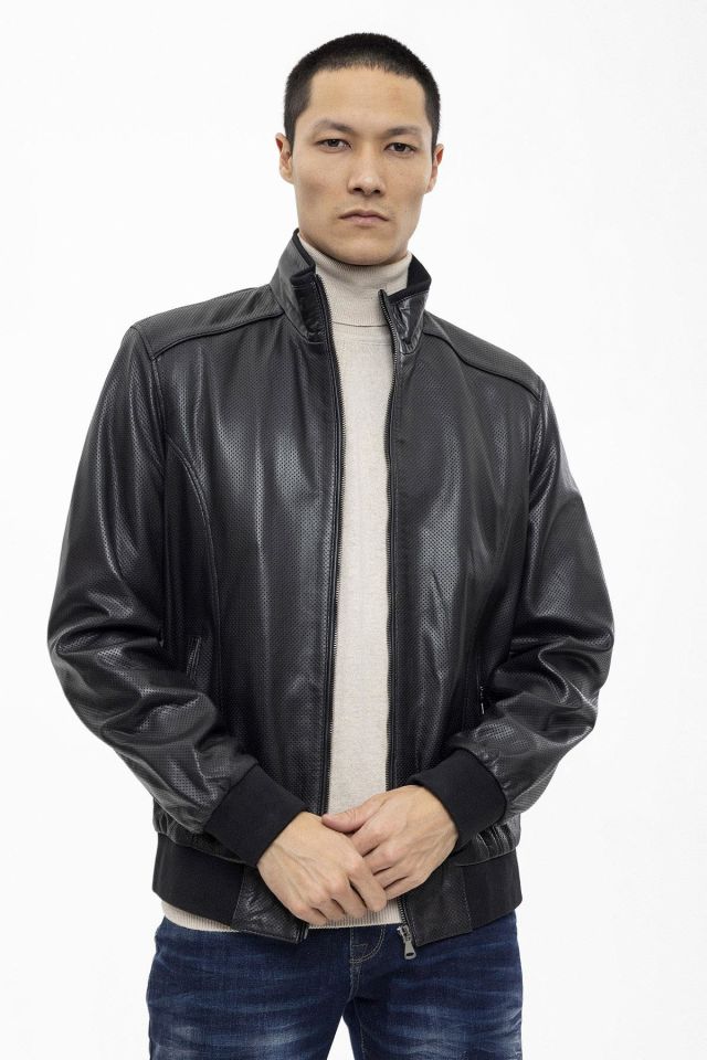 Black Matte Perforated Genuine Leather Man Bomber Jacket