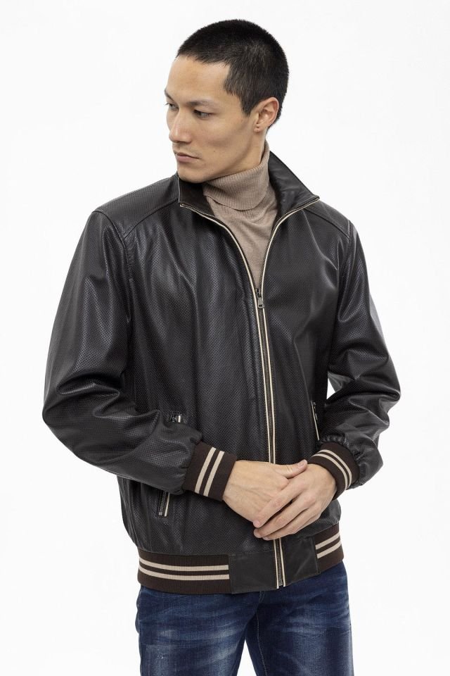 Brown Steve Beige Garnished Genuine Leather Man Bomber Jacket