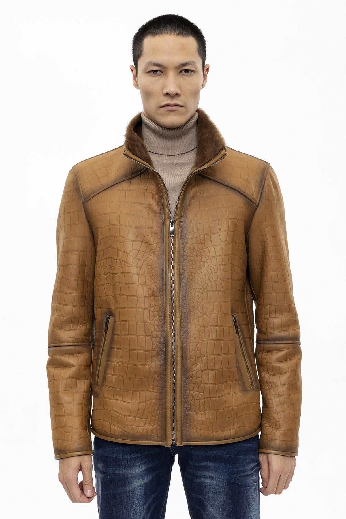 Jo Whiskey Croco Print Genuine Shearling Man Coat