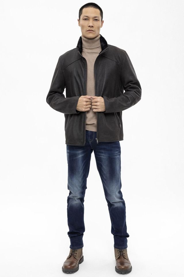 Jo Brown Croco Print Genuine Shearling Man Coat
