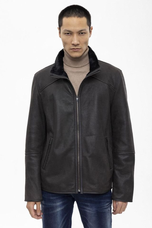 Jo Brown Croco Print Genuine Shearling Man Coat