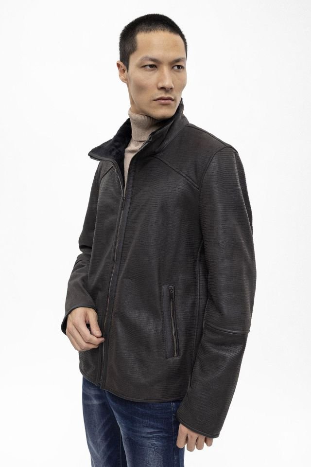 Jo Brown Croco Print Genuine Shearling Man Coat