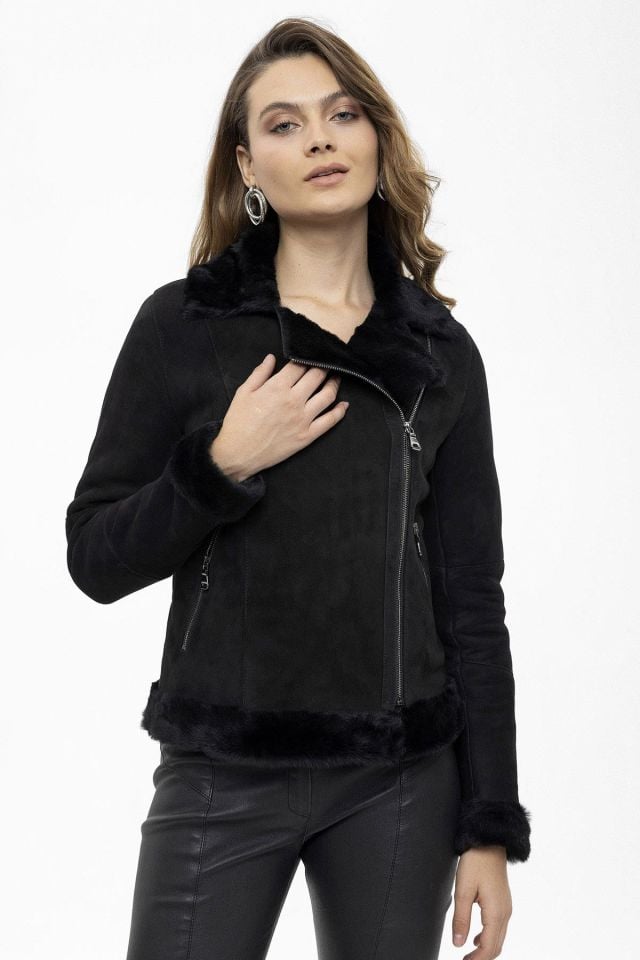 Violet Black  Woman Genuine Seharling Biker Jacket
