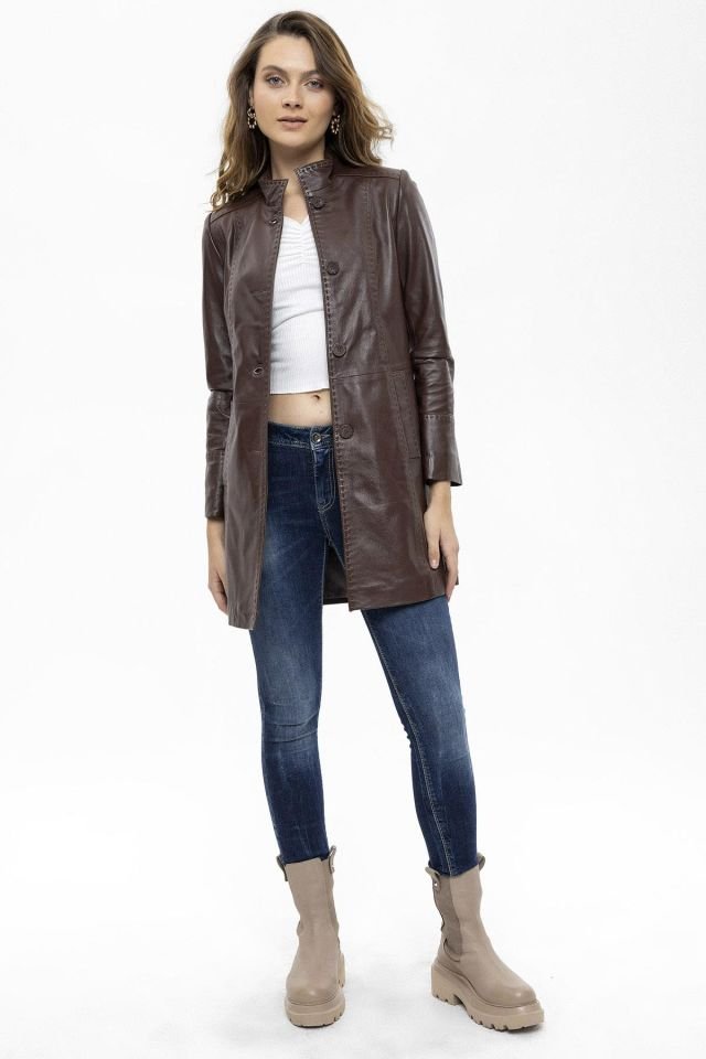 Brown Cara Cara Fit Cut  Genuine Leather Woman Medium Length Coat
