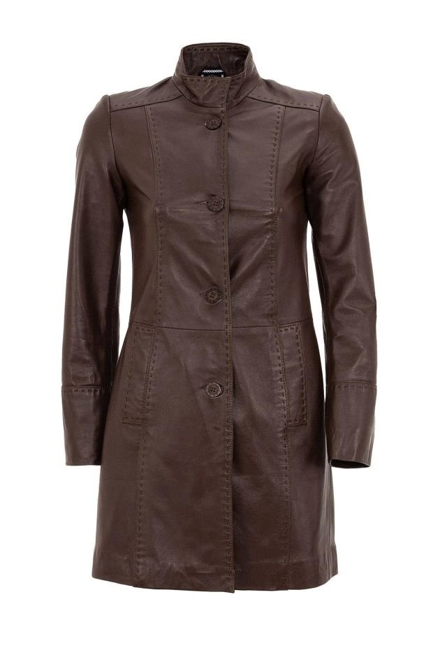Brown Cara Cara Fit Cut  Genuine Leather Woman Medium Length Coat