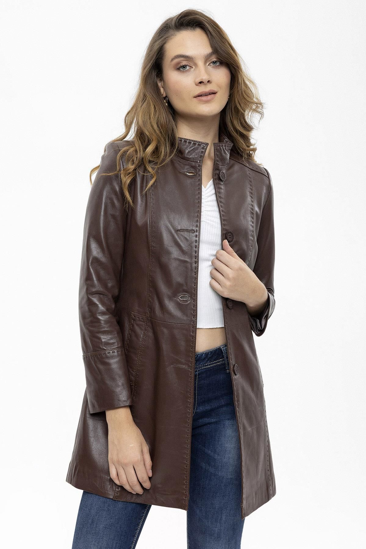 Brown Cara Cara Fit Cut  Genuine Leather Woman Medium Length Coat