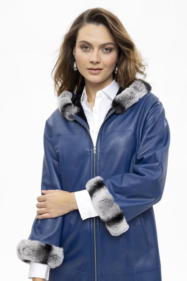 Blue Hillary Wide Cut Inside Fabric Reversible Hood and Cuff Fur Woman Genuine Leather Coat