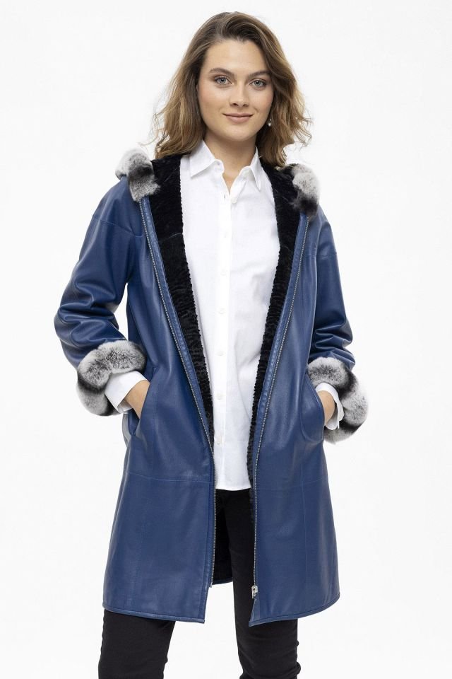 Blue Hillary Wide Cut Inside Fabric Reversible Hood and Cuff Fur Woman Genuine Leather Coat