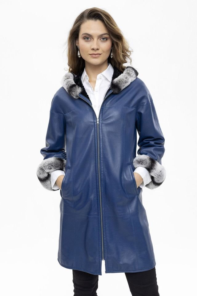 Blue Hillary Wide Cut Inside Fabric Reversible Hood and Cuff Fur Woman Genuine Leather Coat