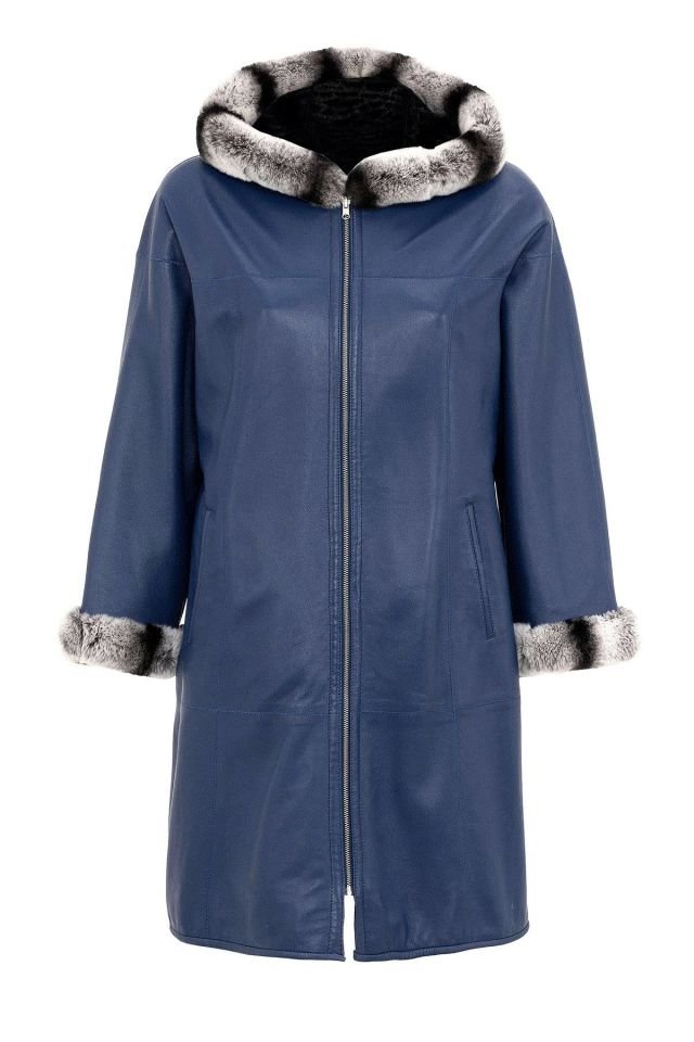 Blue Hillary Wide Cut Inside Fabric Reversible Hood and Cuff Fur Woman Genuine Leather Coat