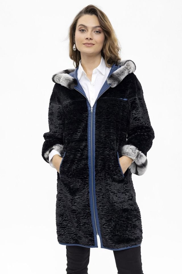 Blue Hillary Wide Cut Inside Fabric Reversible Hood and Cuff Fur Woman Genuine Leather Coat