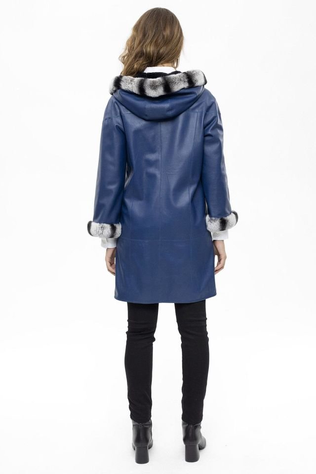 Blue Hillary Wide Cut Inside Fabric Reversible Hood and Cuff Fur Woman Genuine Leather Coat