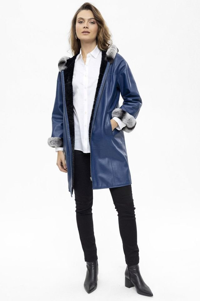 Blue Hillary Wide Cut Inside Fabric Reversible Hood and Cuff Fur Woman Genuine Leather Coat