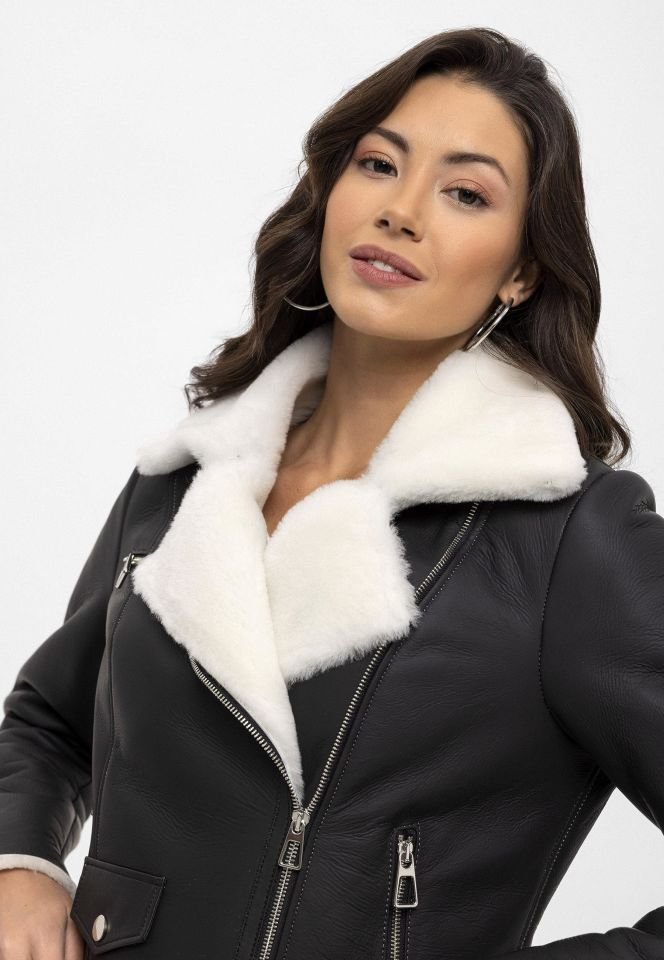 Black Alissa White Feather Inside Biker Woman Genuine Shearling Coat