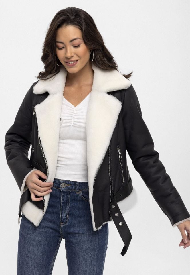 Black Alissa White Feather Inside Biker Woman Genuine Shearling Coat