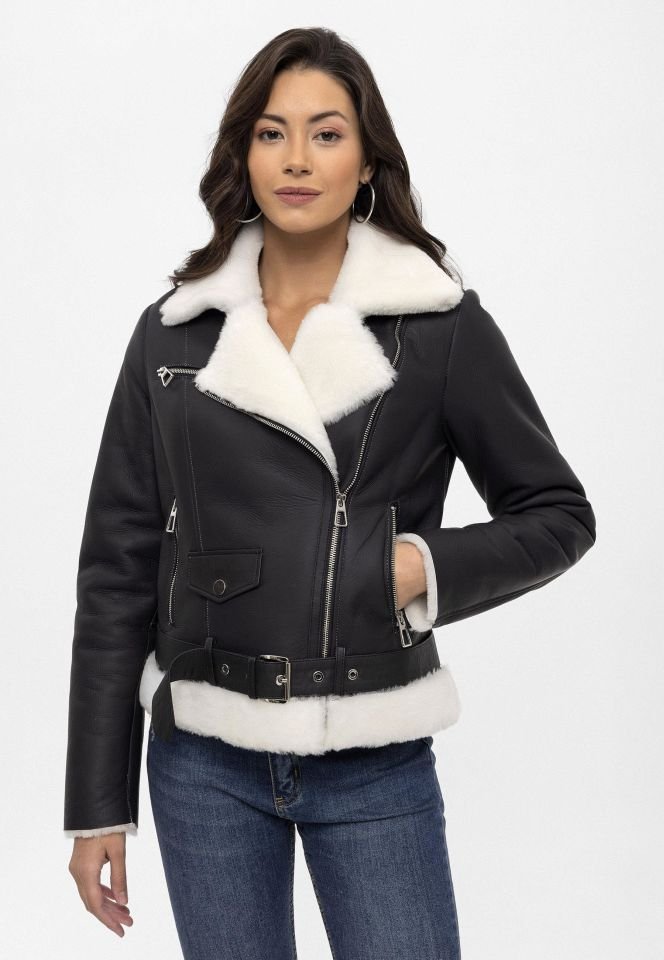 Black Alissa White Feather Inside Biker Woman Genuine Shearling Coat