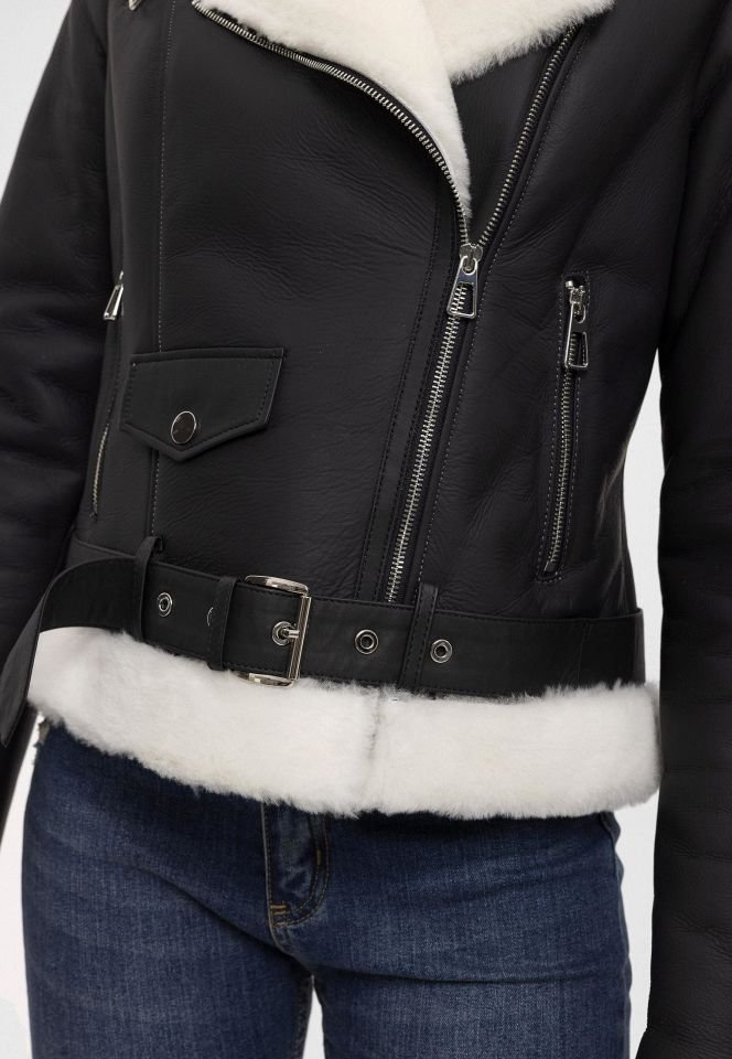 Black Alissa White Feather Inside Biker Woman Genuine Shearling Coat