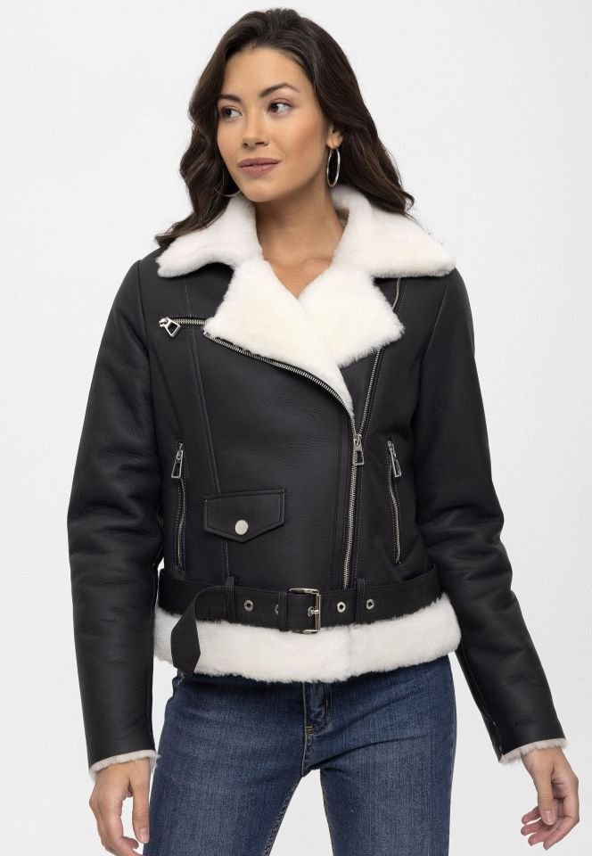 Black Alissa White Feather Inside Biker Woman Genuine Shearling Coat