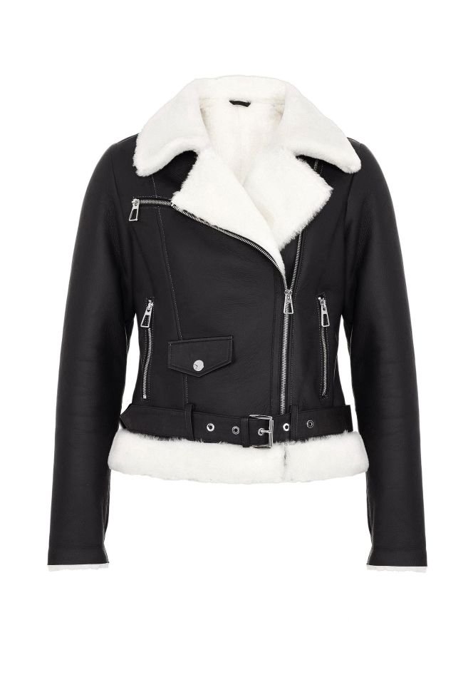 Black Alissa White Feather Inside Biker Woman Genuine Shearling Coat