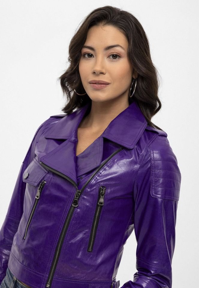 Purple Vogue Woman Genuine Leather Biker Jacket
