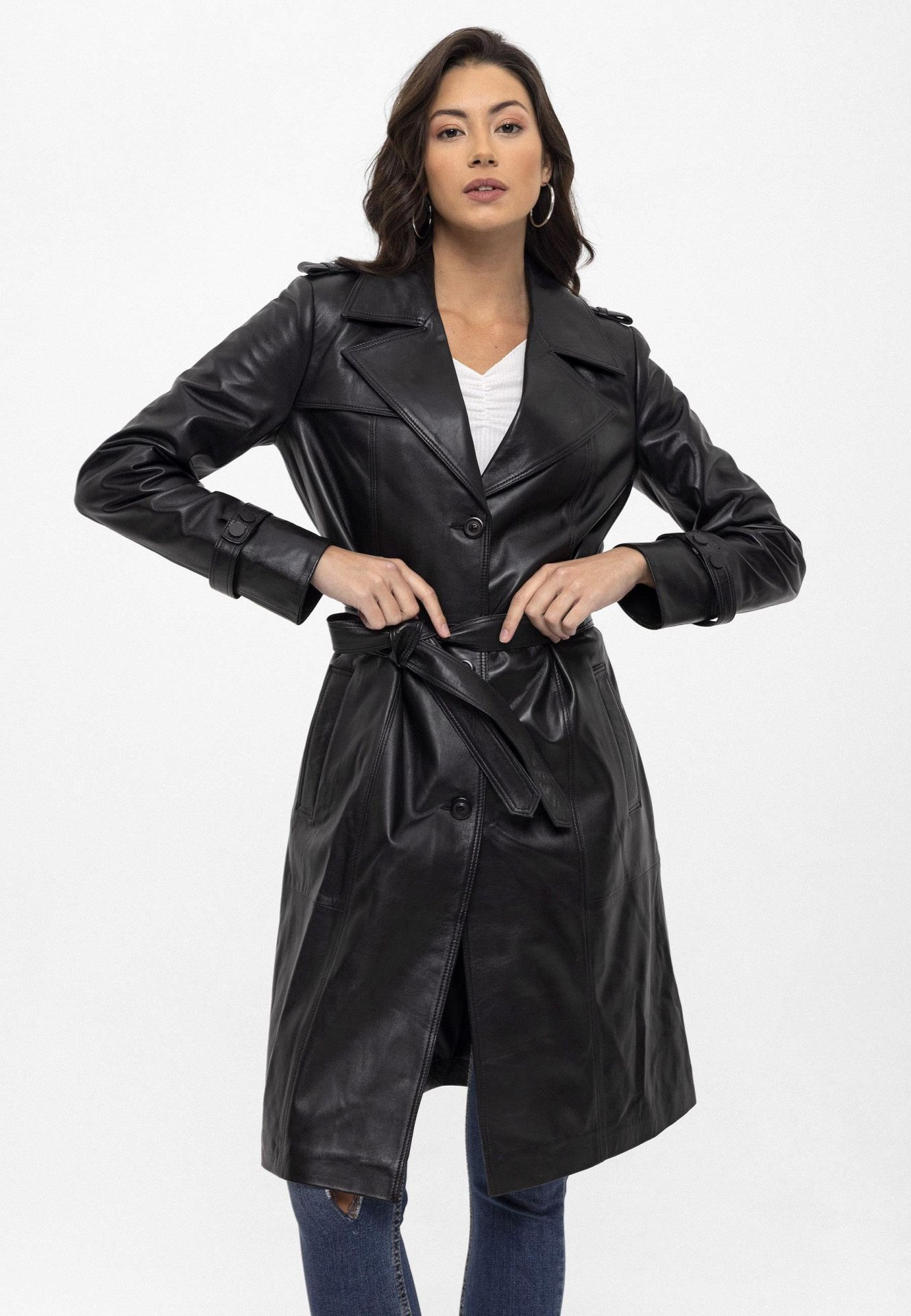 Black Cassie Trench Coat Woman Genuine Leather Coat