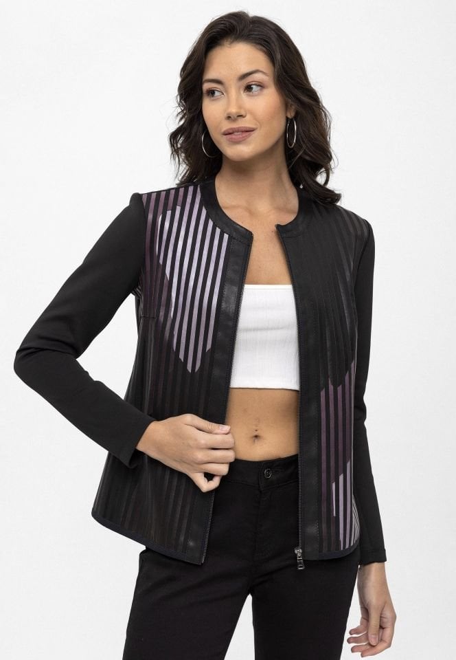 White Purple Black Lona Leather Printed Woman Genuine Leather Jacket