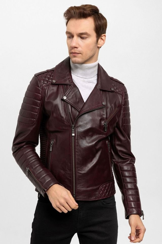 E1001 Burgundy Biker Man Genuine Leather Biker Jacket