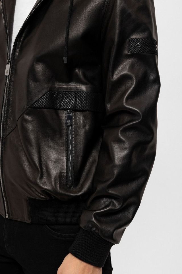 Black Dexter Hooded Man Genuine Leather Coat