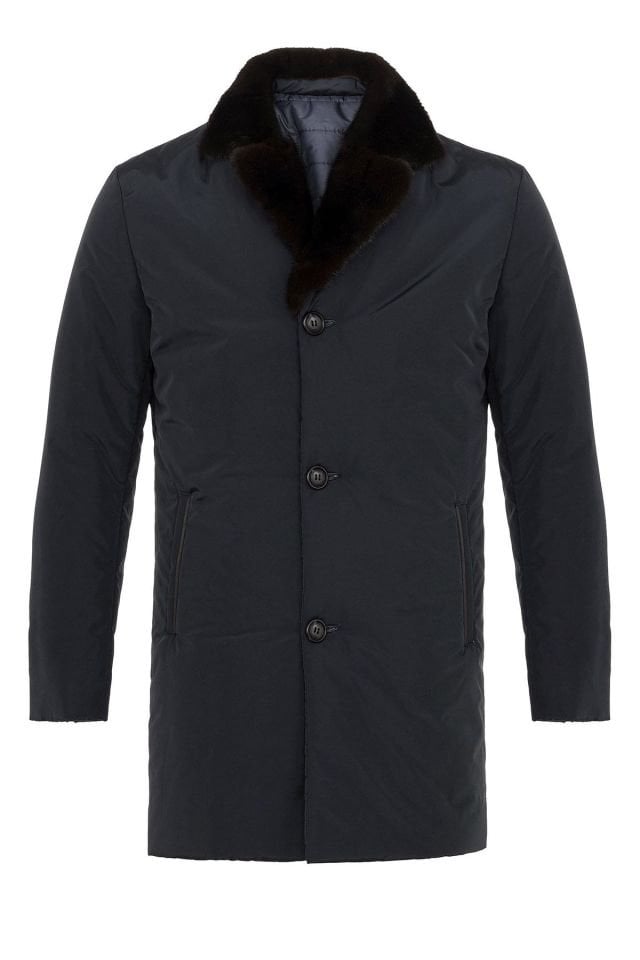 Navy Blue Fabric Collar Fur Man Coat