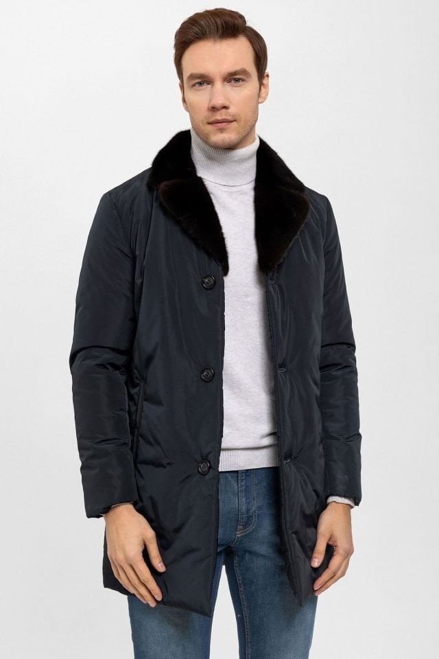Navy Blue Fabric Collar Fur Man Coat