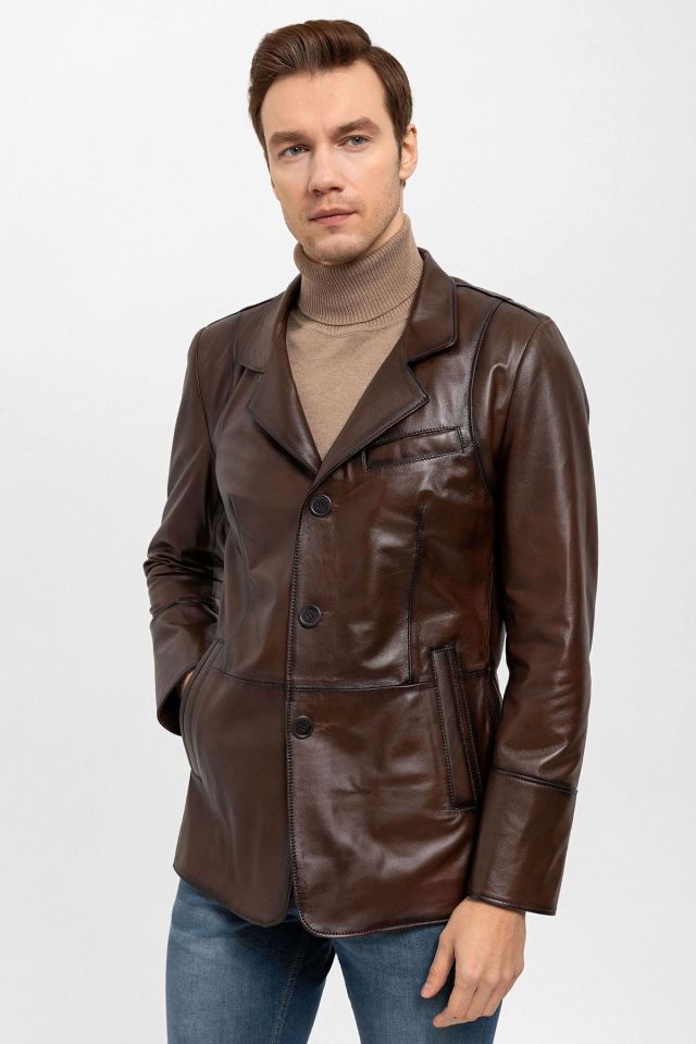 Brown Blazer Man Genuine Leather Jacket