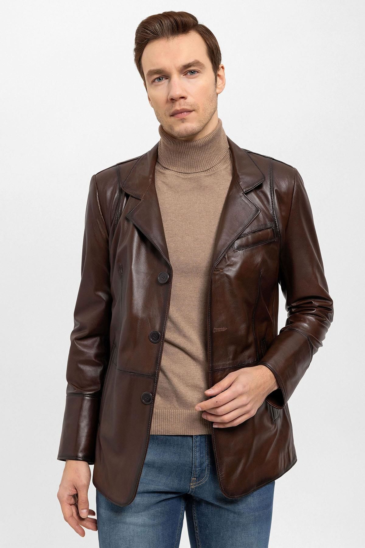 Brown Blazer Man Genuine Leather Jacket