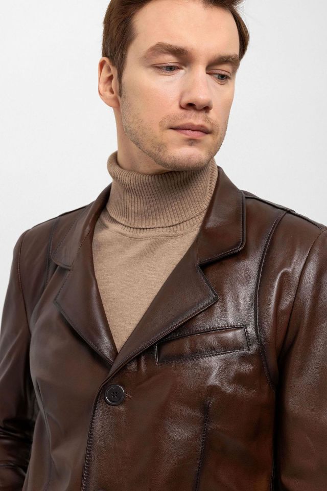 Brown Blazer Man Genuine Leather Jacket