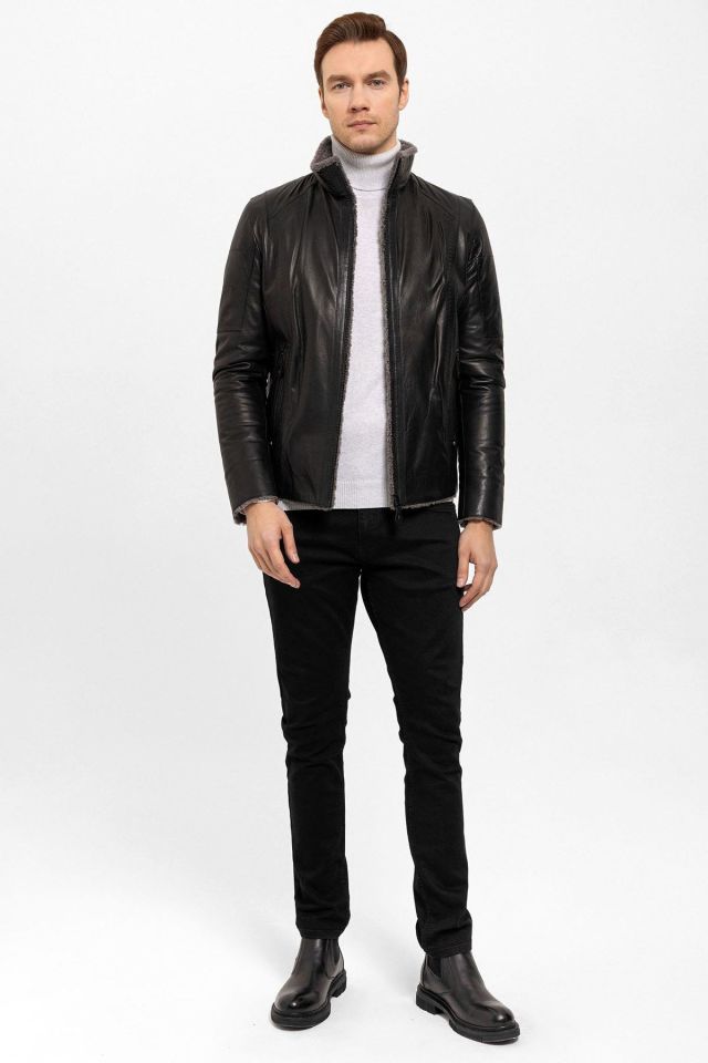 Black Max Fur Man Genuine Leather Coat