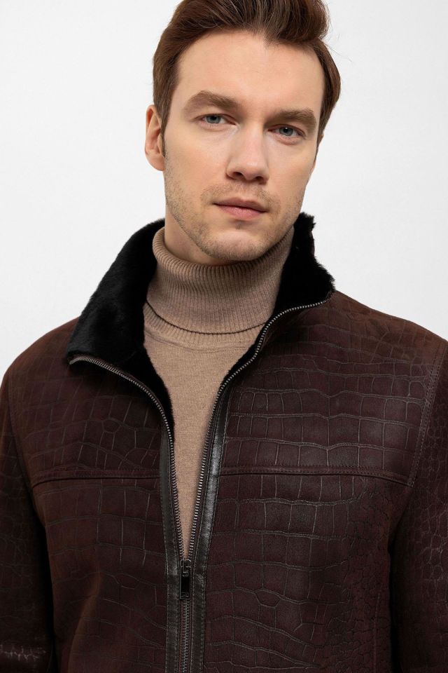 Brown Austin Croco Print Genuine Leather Fur Coat