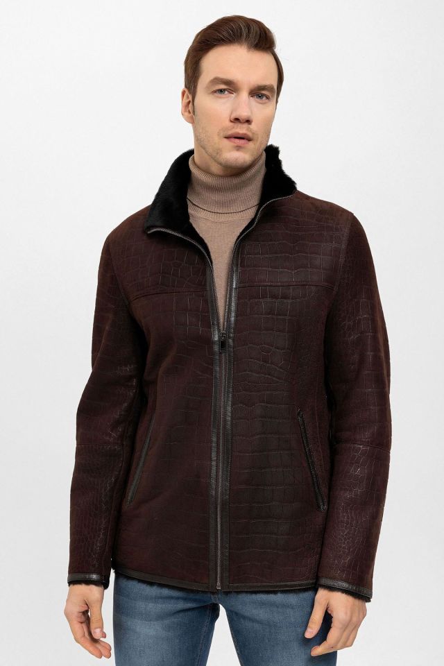 Brown Austin Croco Print Genuine Leather Fur Coat