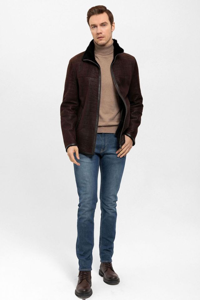 Brown Austin Croco Print Genuine Leather Fur Coat