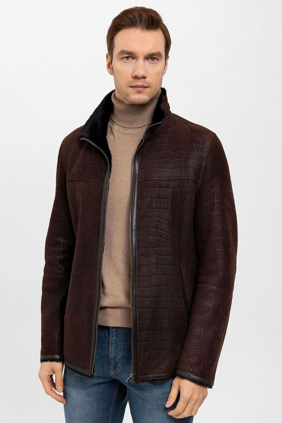 Brown Austin Croco Print Genuine Leather Fur Coat