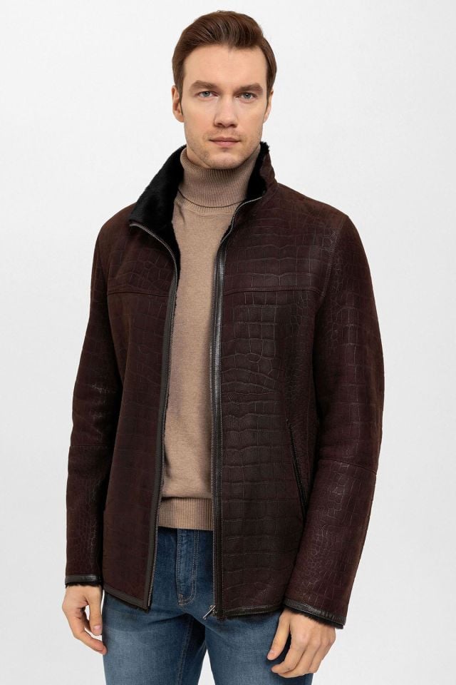 Brown Austin Croco Print Genuine Leather Fur Coat