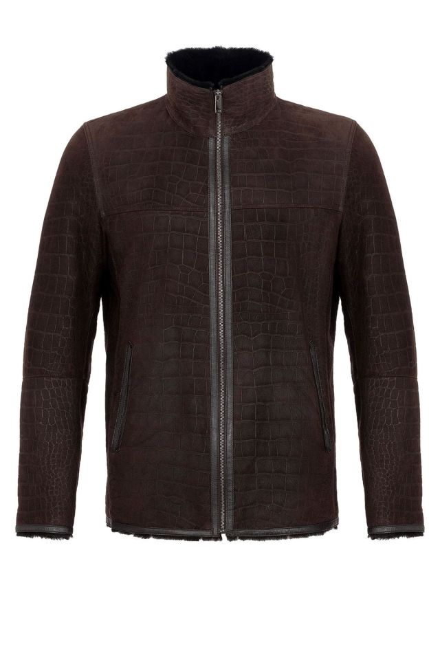 Brown Austin Croco Print Genuine Leather Fur Coat