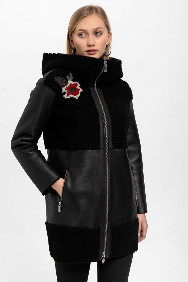 Fleu Black Genuine Leather Fur Coat