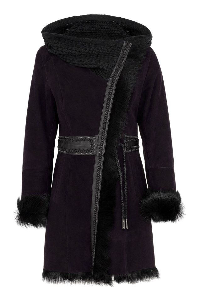 Plum Seline Knitwear Hooded Genuine Leather Fur Coat