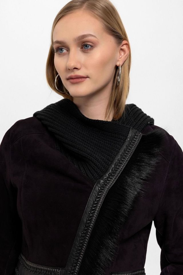 Plum Seline Knitwear Hooded Genuine Leather Fur Coat